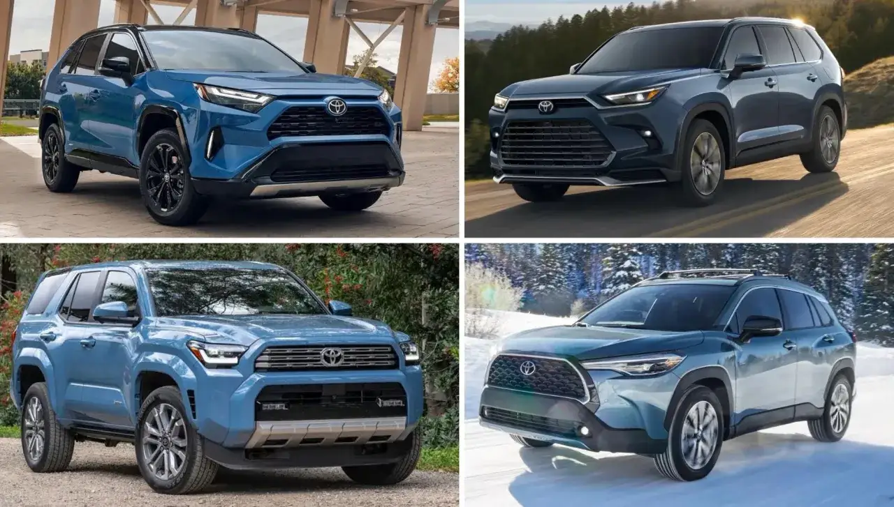 Cztery różne modele toyoty crossover: RAV4, Highlander, Sequoia i Corolla Cross, prezentowane w różnych sceneriach.