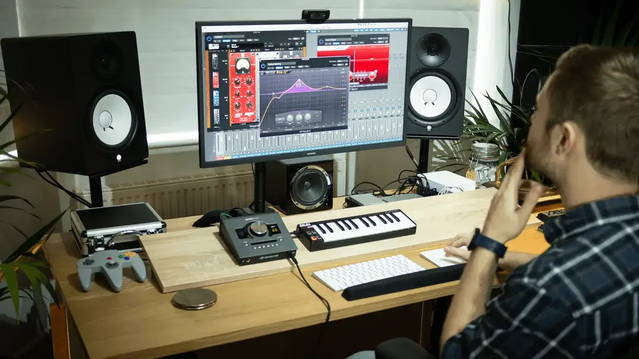 Mężczyzna przy biurku tworzy muzykę, śpiewanie i nagrywanie w domowym studiu. Na monitorze widać program do produkcji muzyki.