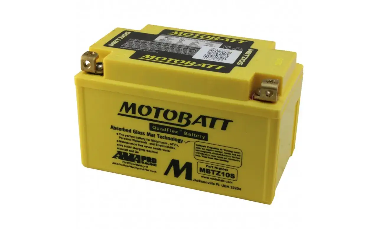 Żółty akumulator Motobatt z technologią AGM, model MBTZ10S, idealny do motocykli i quadów.