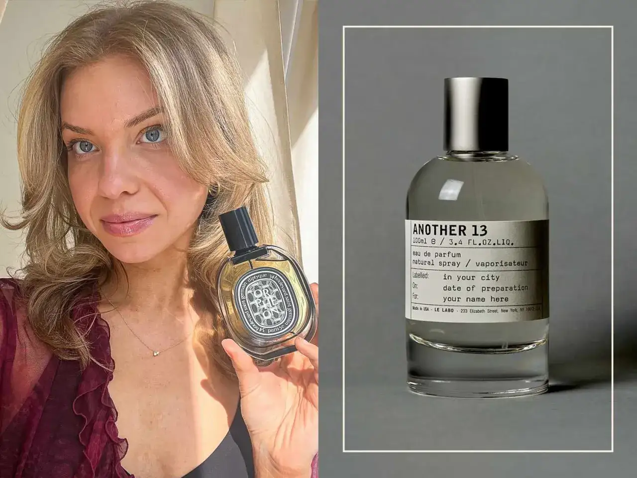 Kultowe perfumy damskie: kobieta z flakonem Diptyque i butelka Le Labo Another 13.