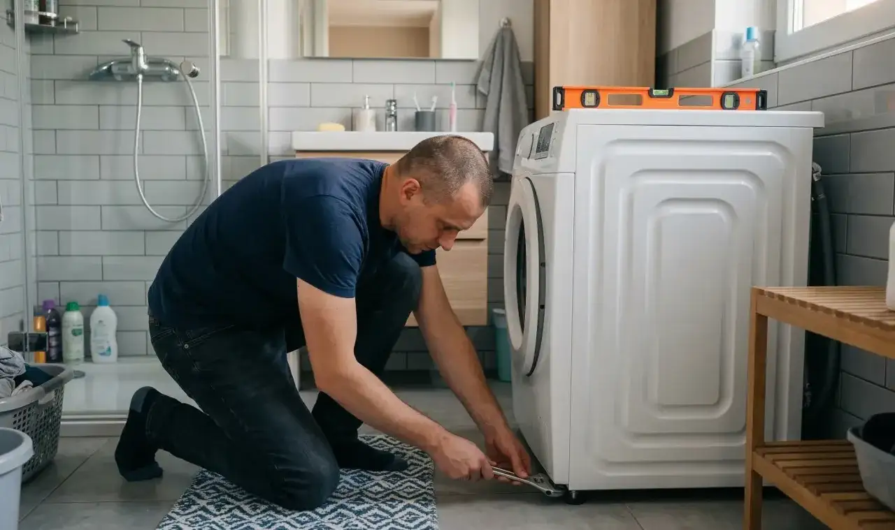 Mężczyzna klęczy przy pralce, używając klucza do regulacji nóżek. Poziomica na pralce sugeruje, że właśnie stara się dowiedzieć, jak wypoziomować pralkę.
