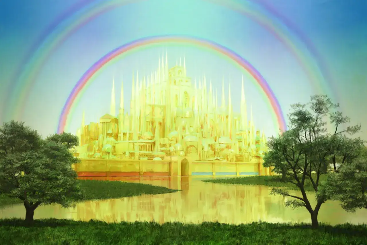 Ein goldenes Himmelreich mit Türmen und Bögen, umrahmt von einem doppelten Regenbogen. So sieht der Himmel aus, wenn er in voller Pracht erstrahlt.