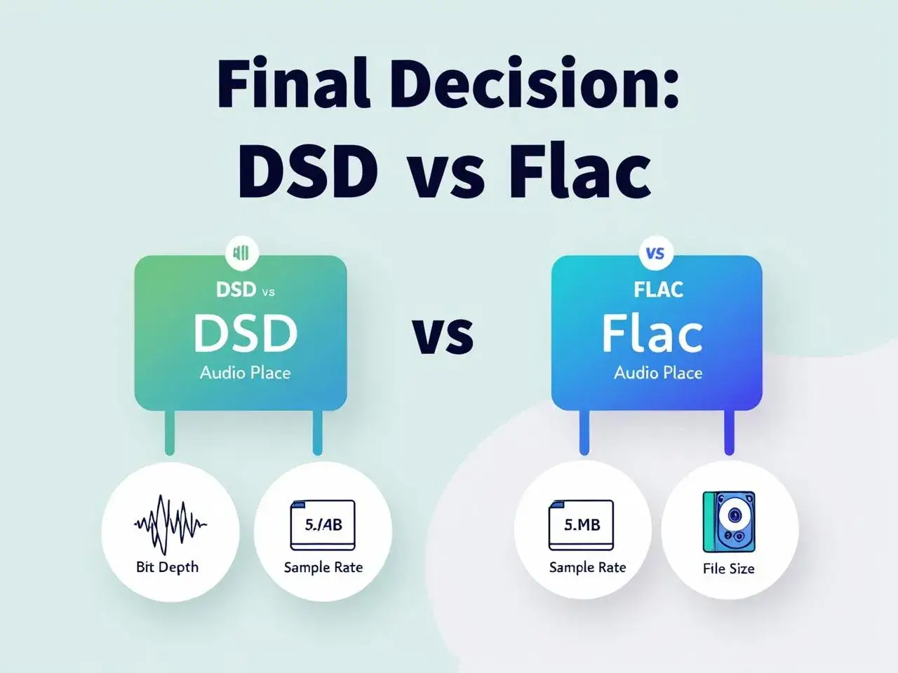 Porównanie DSD vs FLAC: co to za formaty audio? Grafika pokazuje różnice w głębi bitowej, częstotliwości próbkowania i rozmiarze plików.