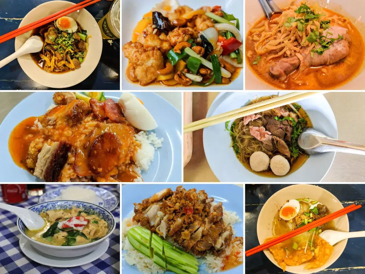 Variedad de platos tailandeses, como sopas de fideos y arroces. Si te preguntas cuanto dinero llevar a Tailandia, ¡la comida es muy económica!