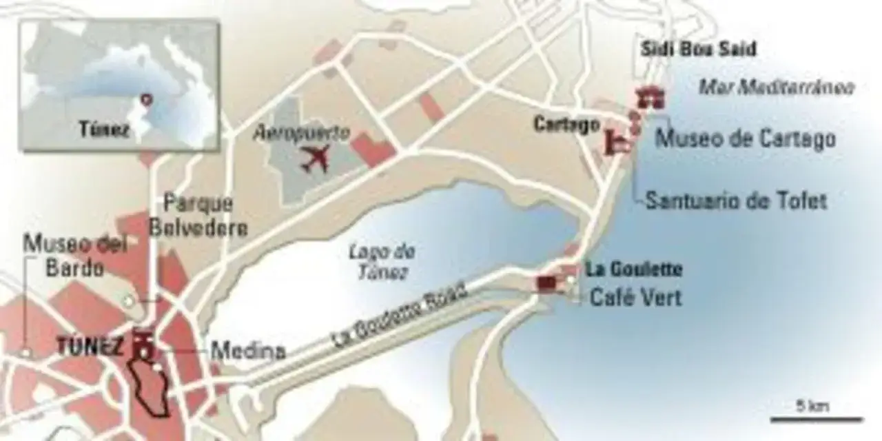 Mapa de T&uacute;nez con el aeropuerto, el Museo del Bardo, la Medina y la costa. Ideal para planificar tu viajar a T&uacute;nez.