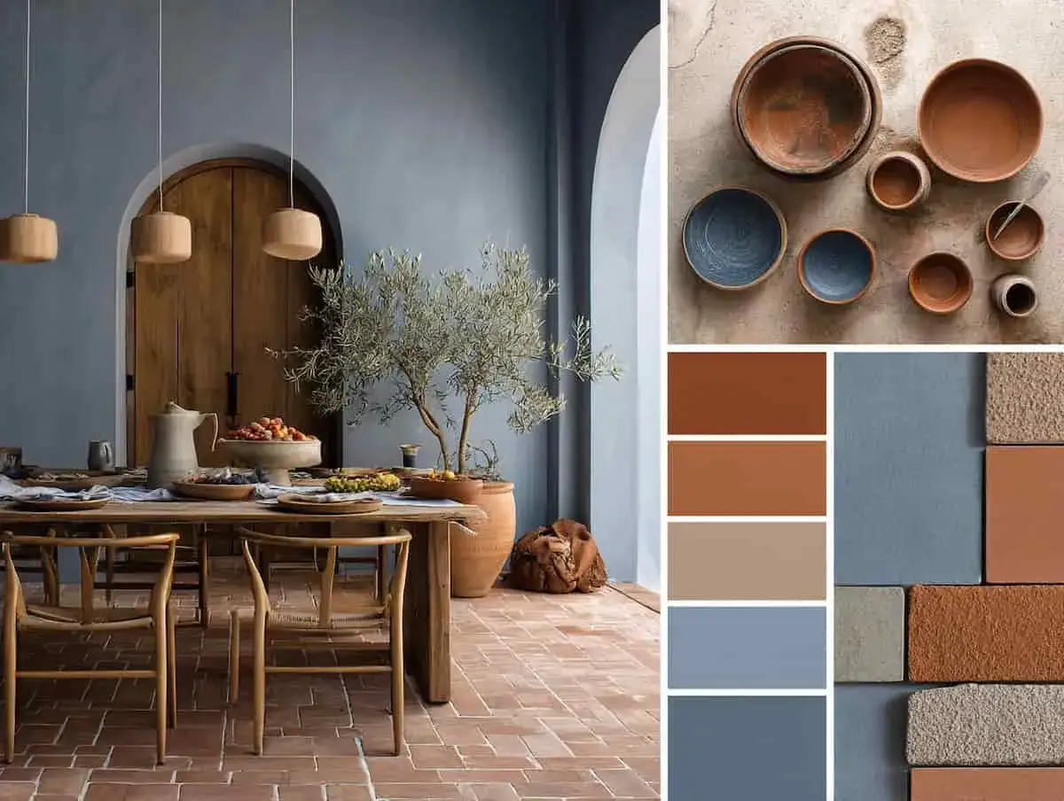 Ambiance méditerranéenne avec des bols en terre cuite, des carreaux et des murs bleus, la couleur complémentaire terracotta apportant chaleur.