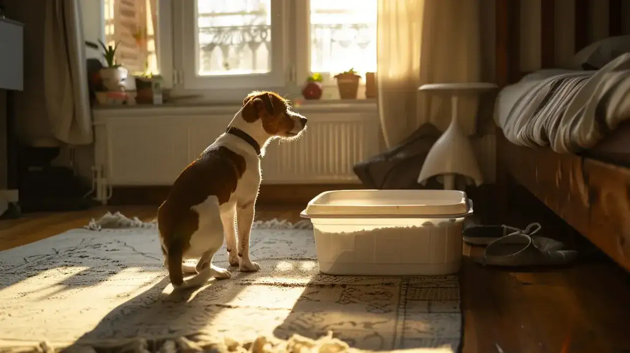 Un chien regarde une litière, peut-être se demandant pourquoi mon chien mange les crottes de chat. La lumière du soleil illumine la pièce.