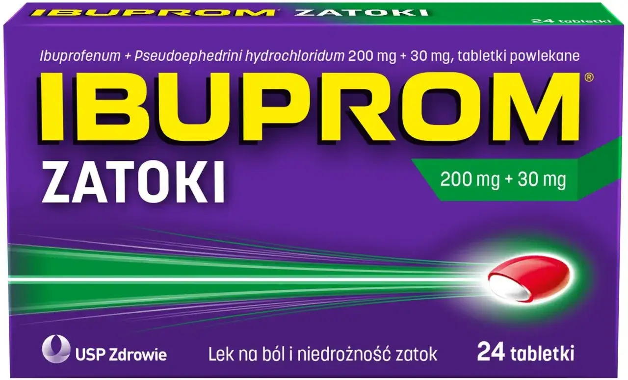 Opakowanie leku Ibuprom Zatoki, 24 tabletki powlekane, na ból i niedrożność zatok.