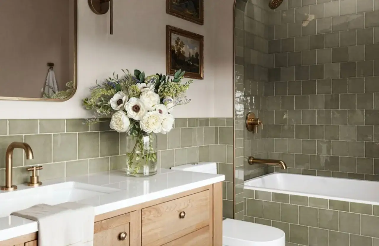 Une salle de bain aux tons verts doux, avec des carreaux muraux, un lavabo en bois, des touches dorées et un bouquet de fleurs blanches. La couleur salle de bain est apaisante.