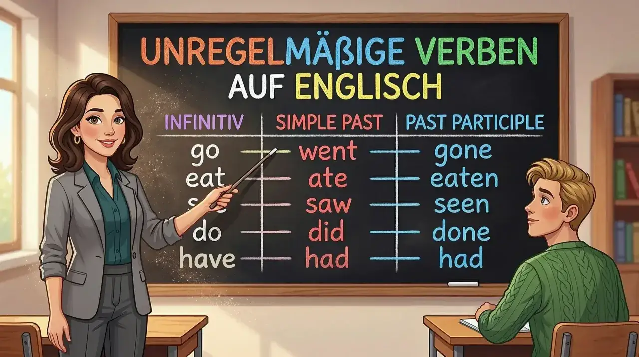 Lehrerin erklärt einem Schüler die unregelmäßigen verben englisch auf einer Tafel.