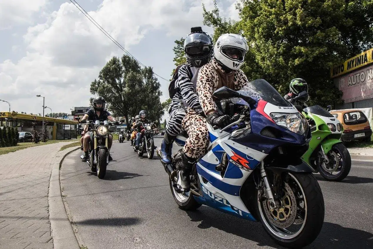 Motocykliści w kostiumach zwierząt jadą drogą polną.