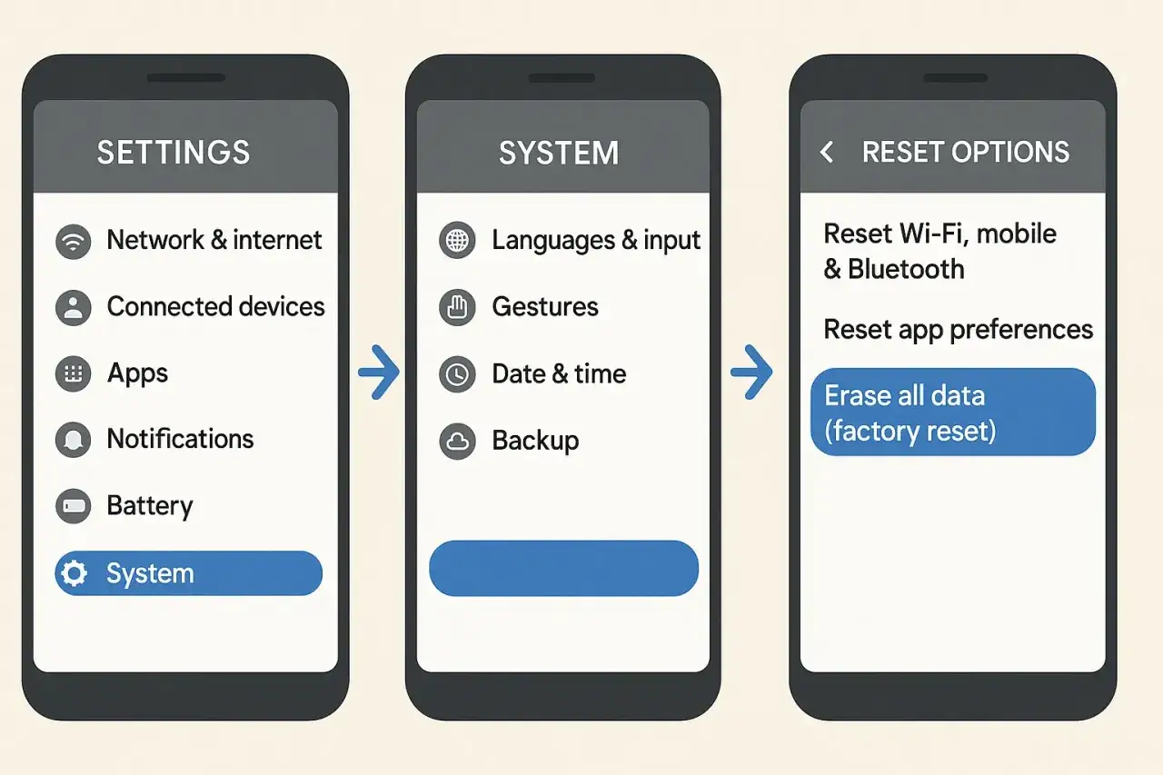 Jak zresetować telefon: wejdź w Ustawienia > System > Resetuj opcje > Wymaż wszystkie dane (reset fabryczny).