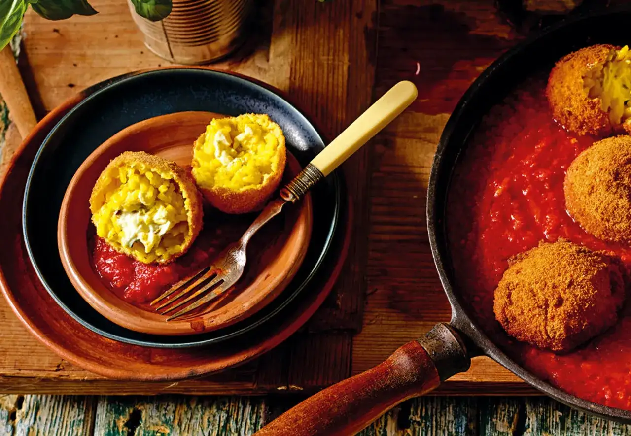 Herzhaftes arancini rezept: goldbraune Reisb&auml;llchen mit cremigem Kern in Tomatensauce, serviert auf rustikalen Tellern.