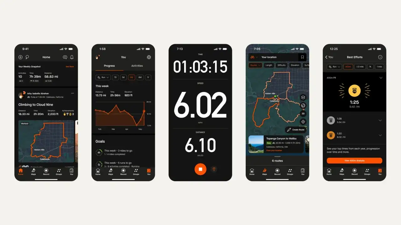 Ekran aplikacji **Strava** pokazuje podsumowanie tygodnia, mapę trasy w Kalifornii, czas i dystans biegu oraz najlepsze wyniki.