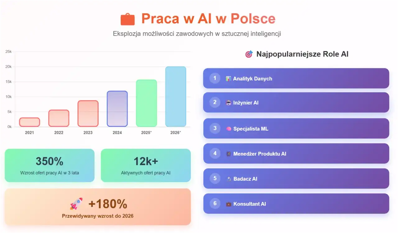 Wykres pokazuje wzrost ofert pracy w AI w Polsce, ilustrując, jak zarabiać na sztucznej inteligencji. Widać rosnące zapotrzebowanie na specjalistów AI.