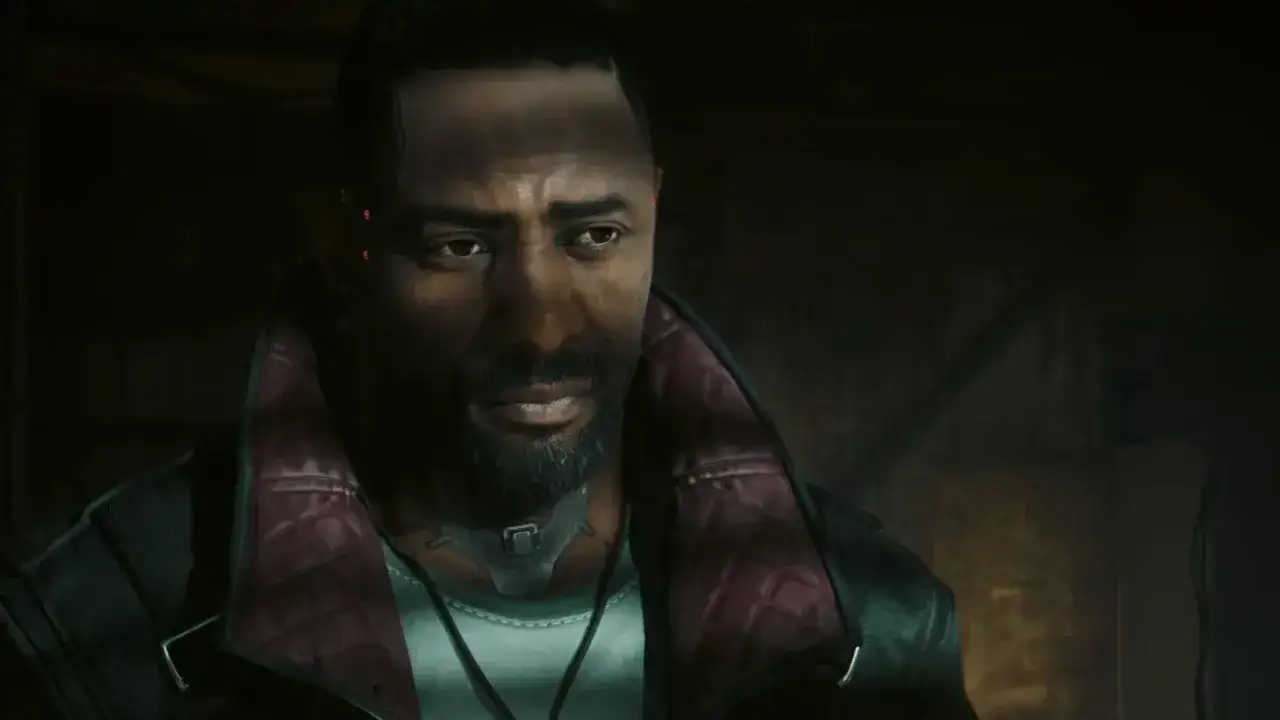 Idris Elba w futurystycznej kurtce, z cybernetycznymi implantami, w mrocznym klimacie cyberpunk.