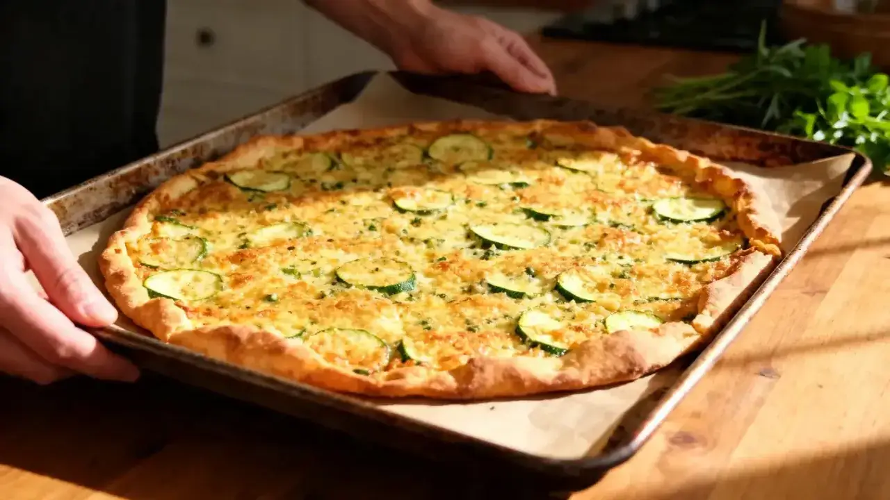 Une scarpaccia de courgettes dorée et appétissante, garnie de fines rondelles de courgettes et de fromage râpé, sort du four sur une plaque de cuisson.