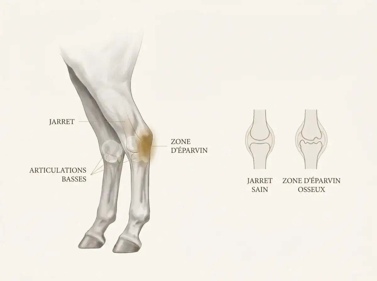 Illustration anatomique du jarret de cheval, montrant une zone d'&eacute;parvin gonfl&eacute; et des articulations basses. Comparaison avec un jarret sain et une zone d'&eacute;parvin osseux.