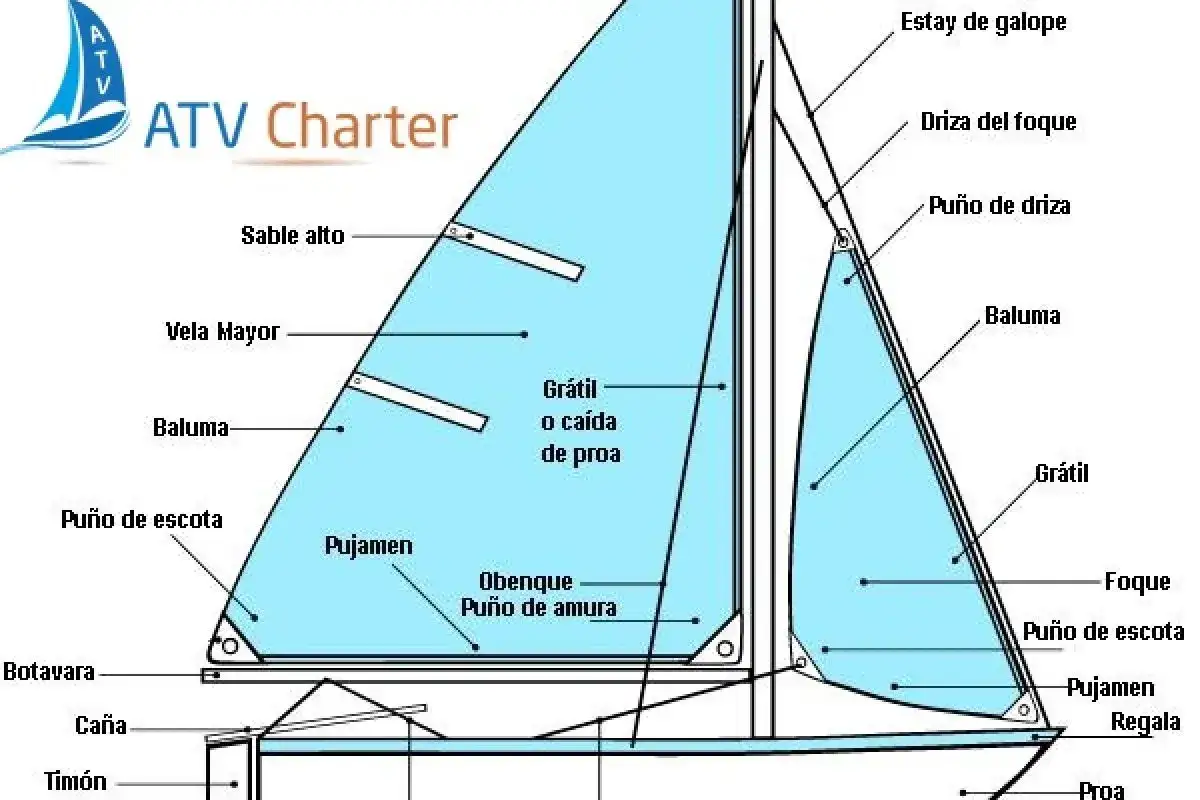 Schema di una barca a vela con le sue parti etichettate, tra cui le cime, le vele e il timone.