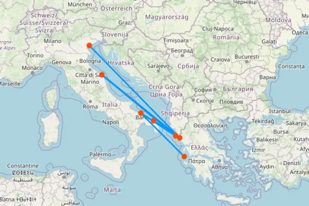 Karte zeigt eine Zugreise von Norditalien &uuml;ber den Balkan nach Griechenland.