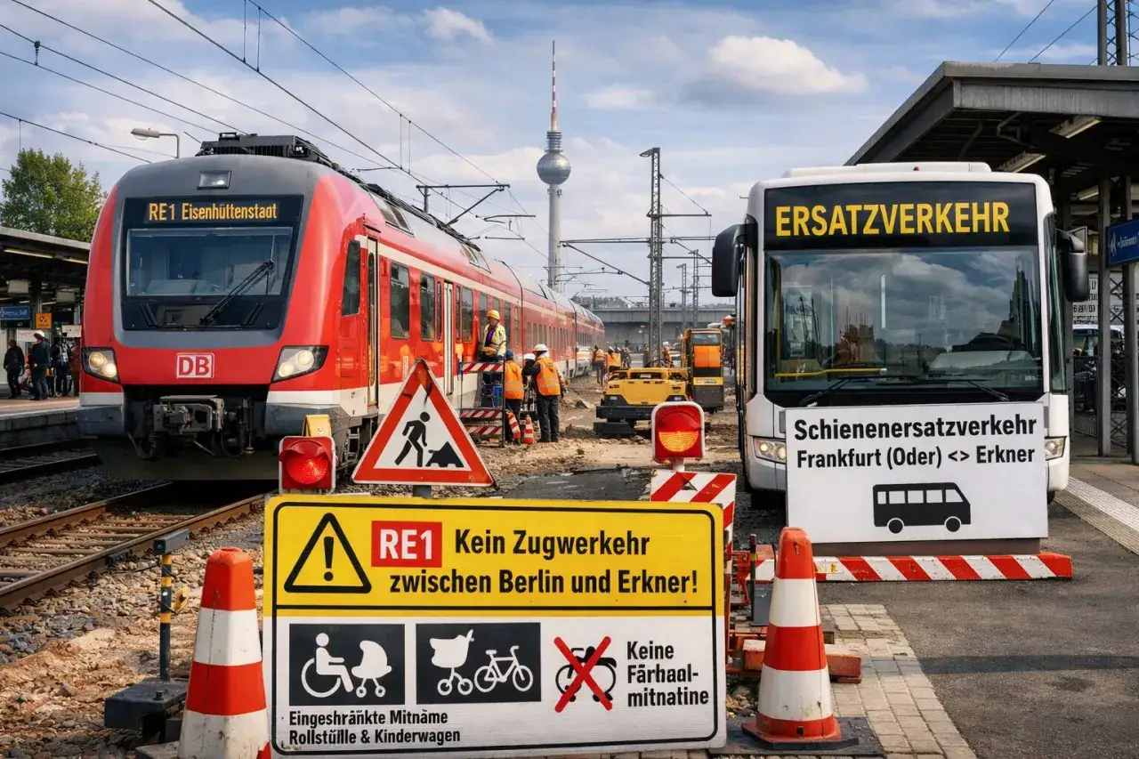 Bauarbeiten auf der Strecke RE1 zwischen Berlin und Erkner. Ein roter Zug steht neben einem Ersatzbus. Die direkte Verbindung Berlin-Stettin ist unterbrochen.