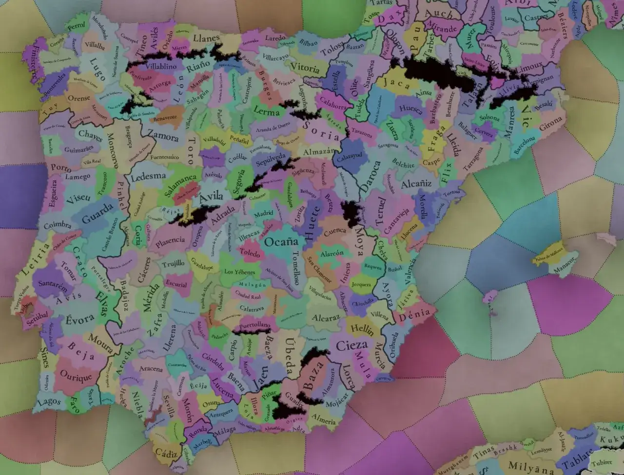 Mapa de Europa Universalis V con nombres de provincias en la pen&iacute;nsula ib&eacute;rica.