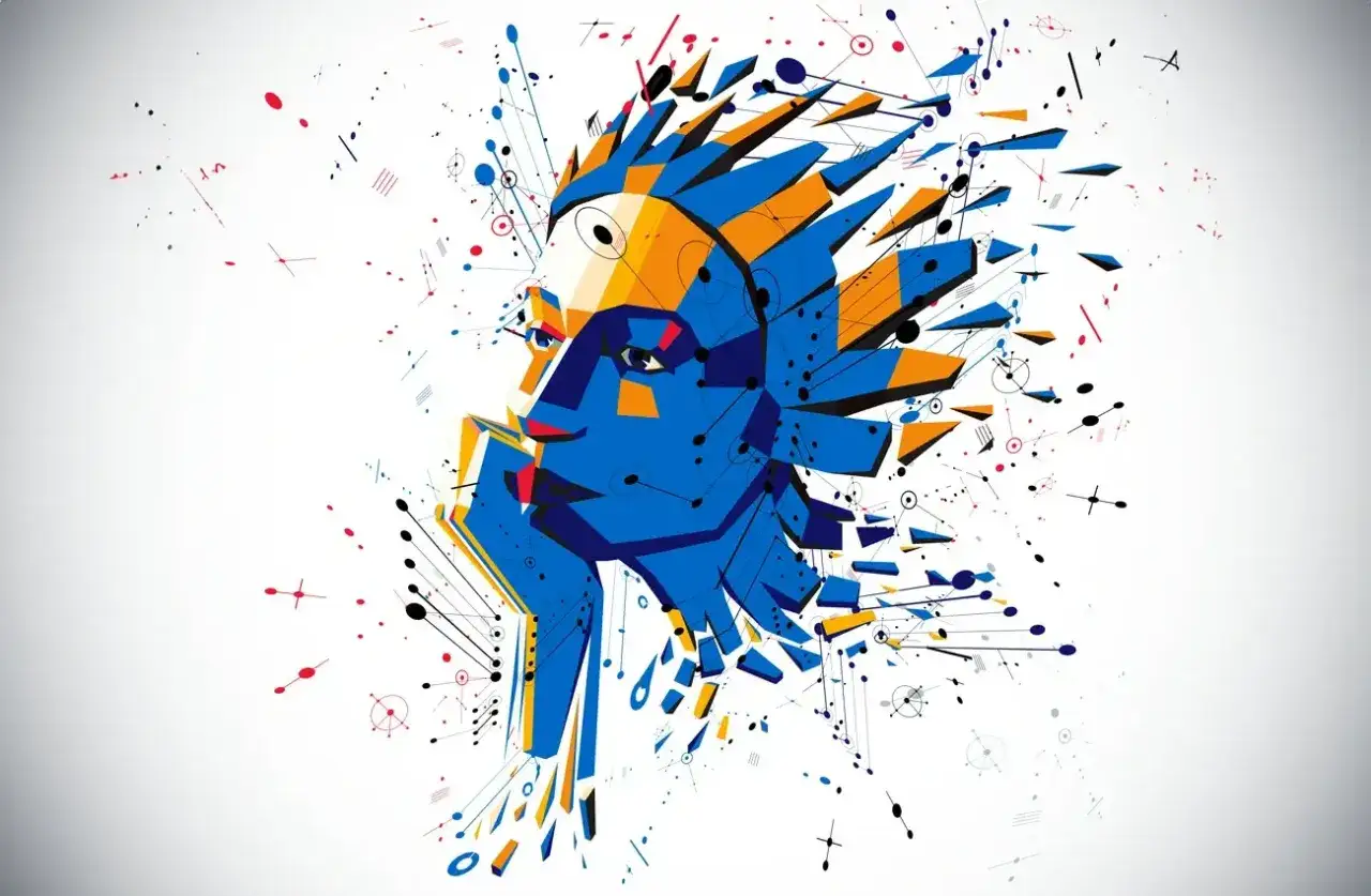 Abstract art graphic design examples: a geometric face explodes into a network of lines and dots, showcasing a dynamic, fragmented portrait.
