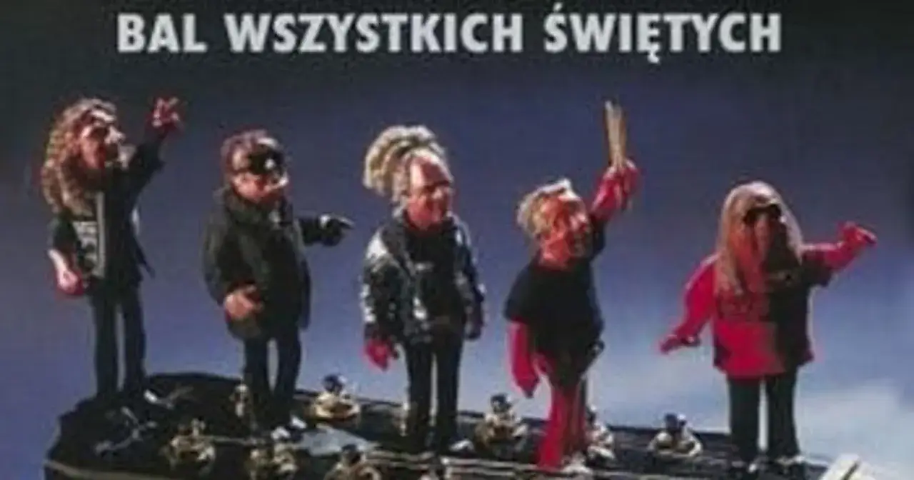 Pięć postaci z plasteliny w stylu rockowym, z napisem