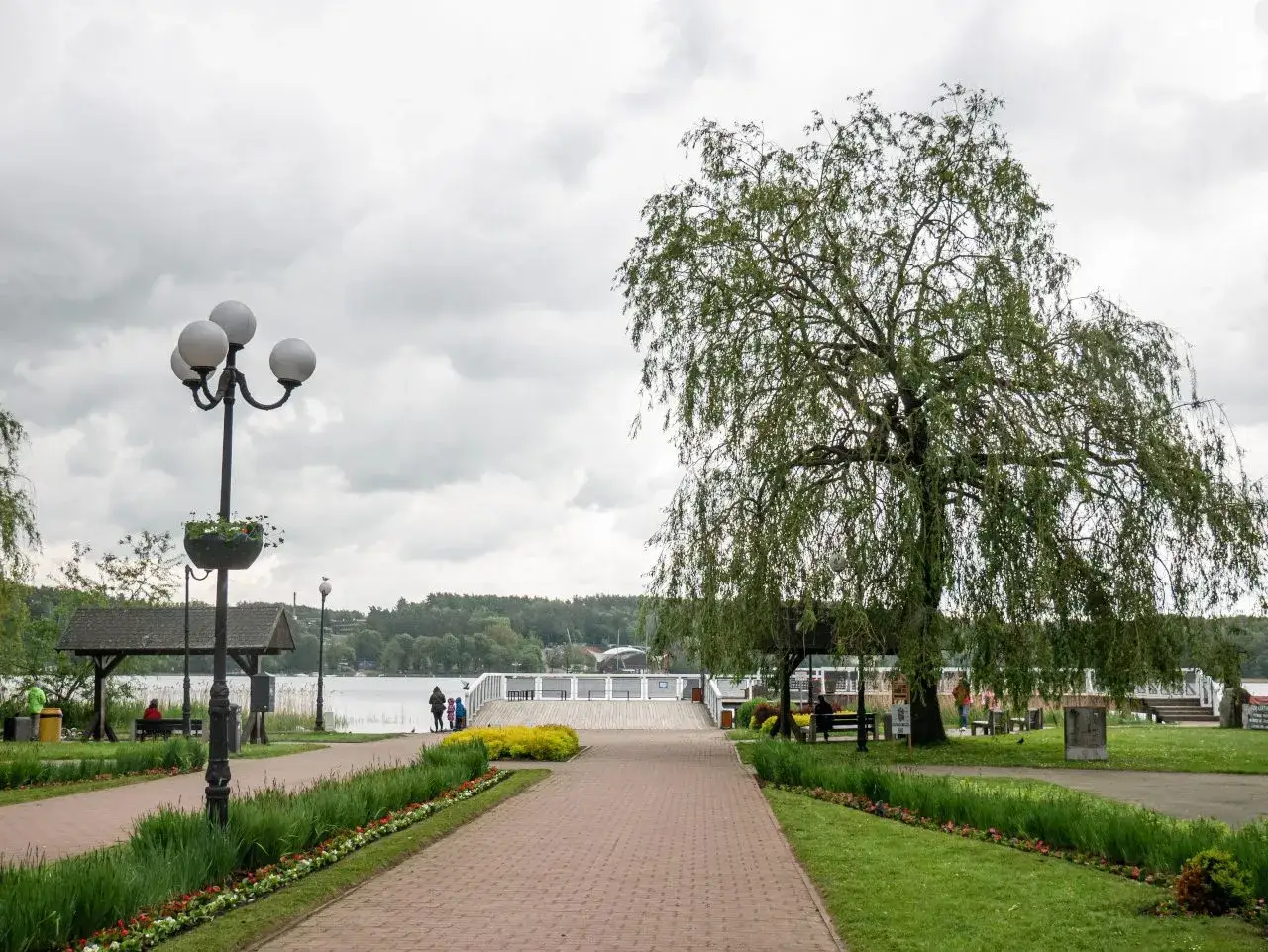Spacer w Mrągowie z widokiem na jezioro, wierzba i kwitnące rabaty. Atrakcje dla spacerowicz&oacute;w.