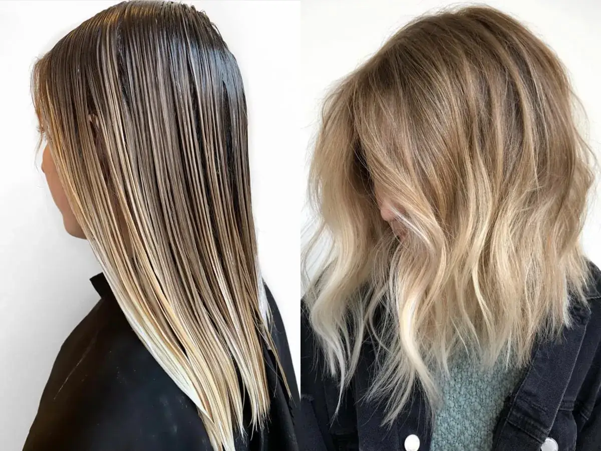 Antes y despu&eacute;s de un balayage. Las mechas melting crean un degradado natural y luminoso, como si el sol hubiera besado tu cabello.