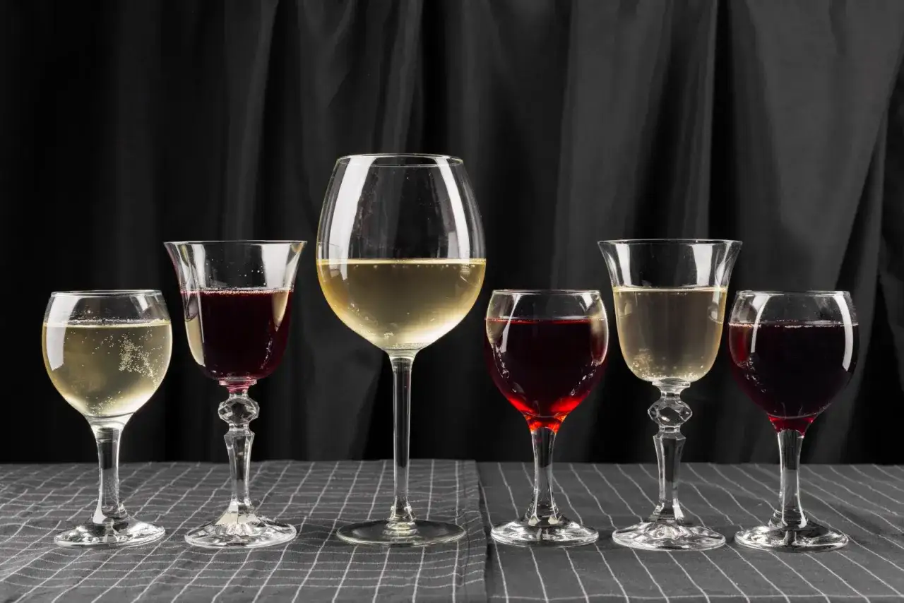 Różne kieliszki z winem. Białe wino w dużym kielichu, czerwone w mniejszych. Pomyśl o skutkach picia wina z niewłaściwego kieliszka do szczepu chardonnay.