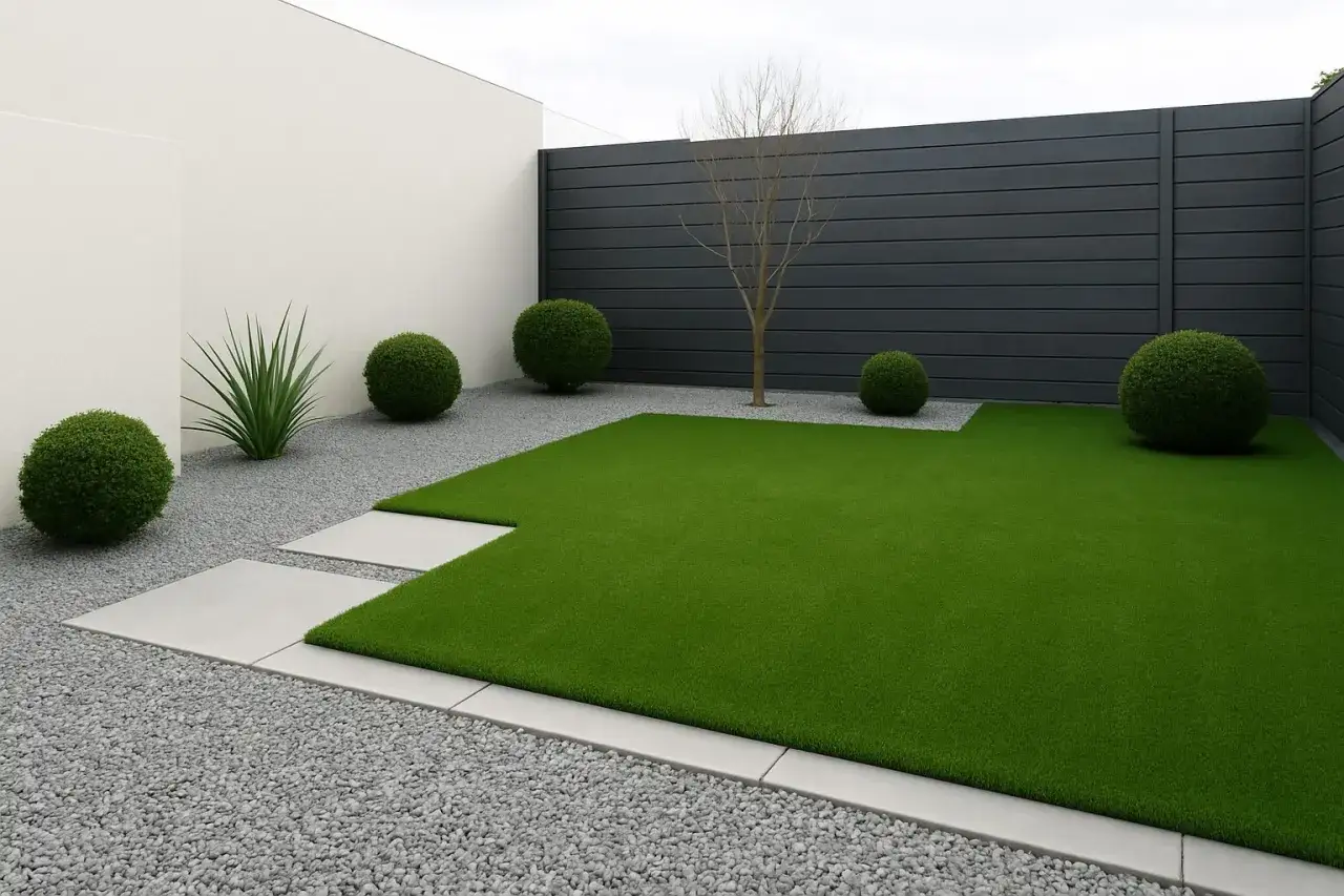 Jardines modernos con c&eacute;sped artificial, arbustos esf&eacute;ricos y senderos de piedra. Un &aacute;rbol desnudo se alza sobre el lecho de grava.