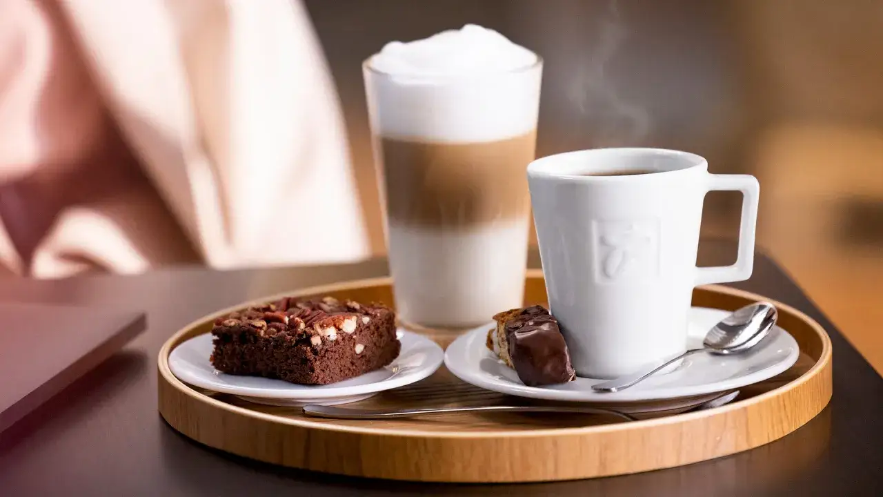 Genuss-Moment: Ein Brownie, ein Espresso und ein Latte Macchiato &ndash; der Unterschied ist klar, die Freude gro&szlig;.