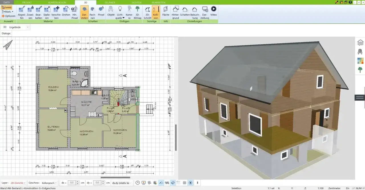 Ein 3D-Modell eines Hauses neben einem detaillierten architektur grundriss mit Maßen und Raumbezeichnungen.
