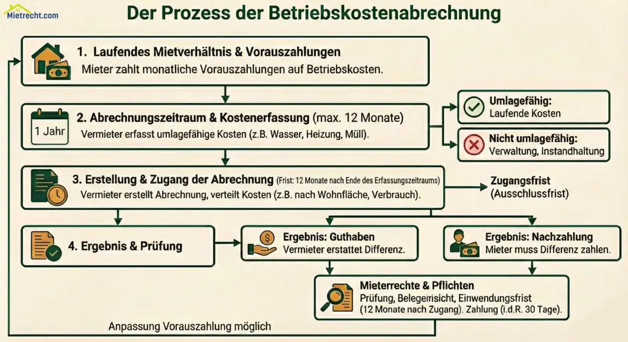 Ablauf der Betriebskostenabrechnung: Vorauszahlungen, Erfassung umlagefähiger Kosten, Erstellung & Zugang der Abrechnung, Ergebnis (Guthaben/Nachzahlung). Anpassung der Vorauszahlung möglich.