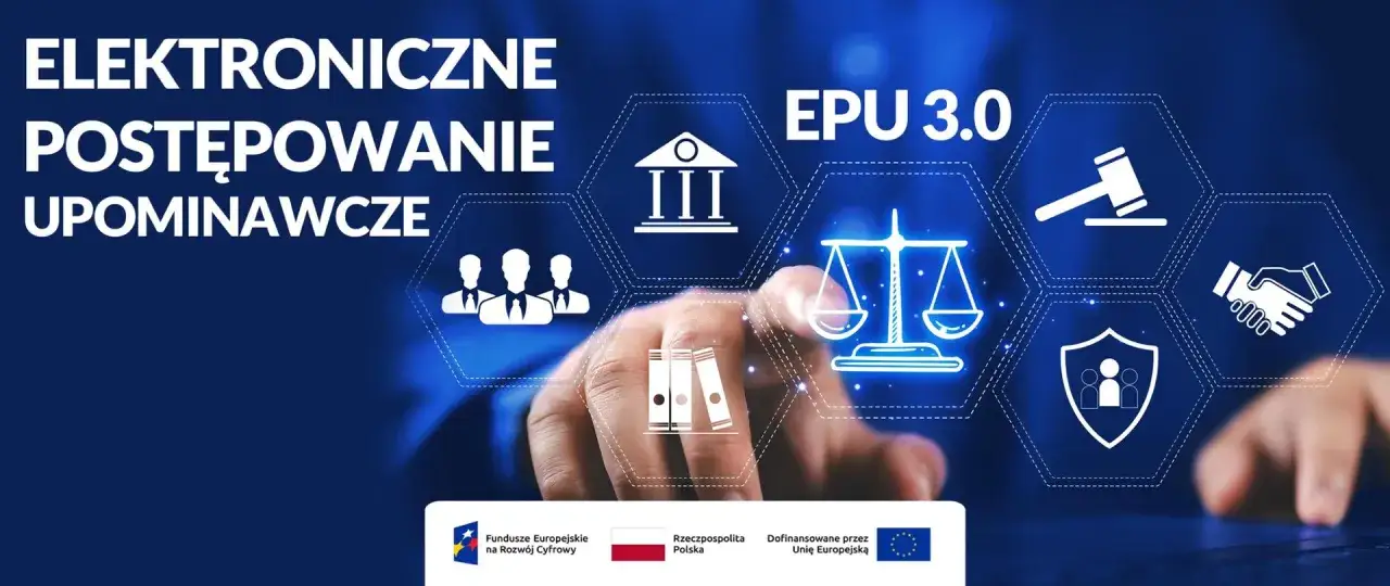 Elektroniczne postępowanie upominawcze (e-sąd) to cyfrowa ścieżka do złożenia pozwu o zapłatę. Grafika przedstawia symbole prawa i sprawiedliwości.