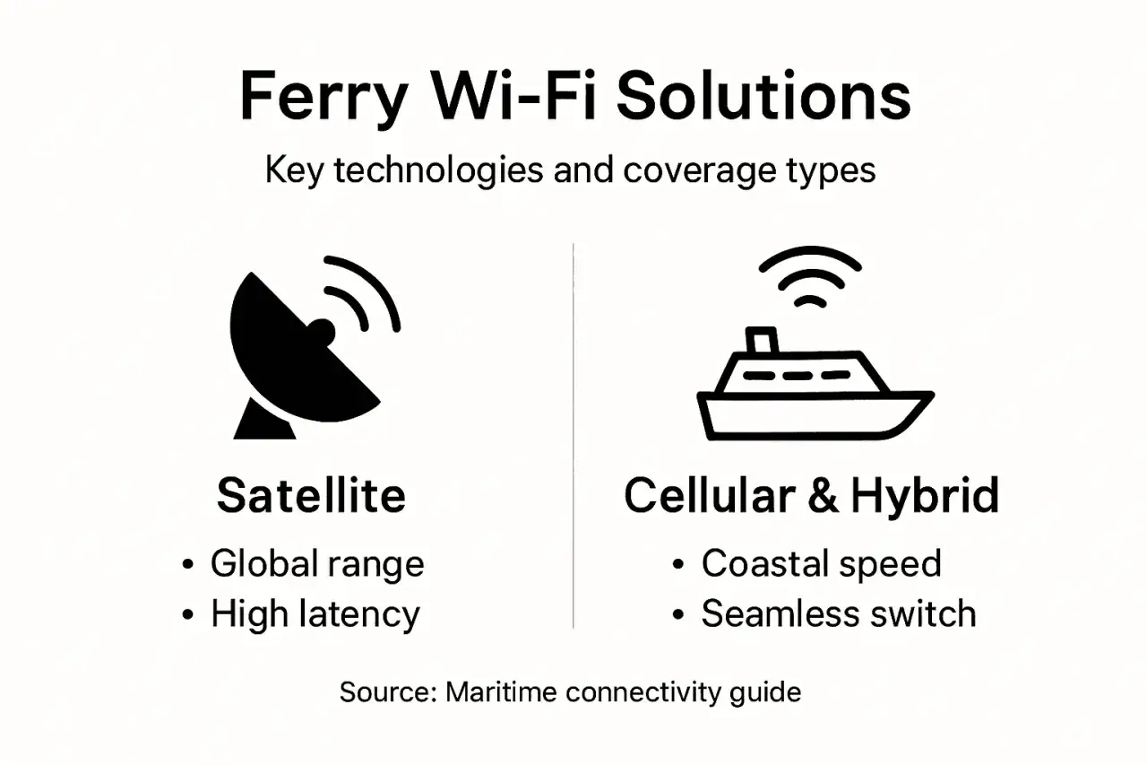 Rozwiązania Wi-Fi na promach: satelita (globalny zasięg) i komórkowe/hybrydowe (prędkość przybrzeżna). Czy na promie jest zasięg? Tak, dzięki tym technologiom.