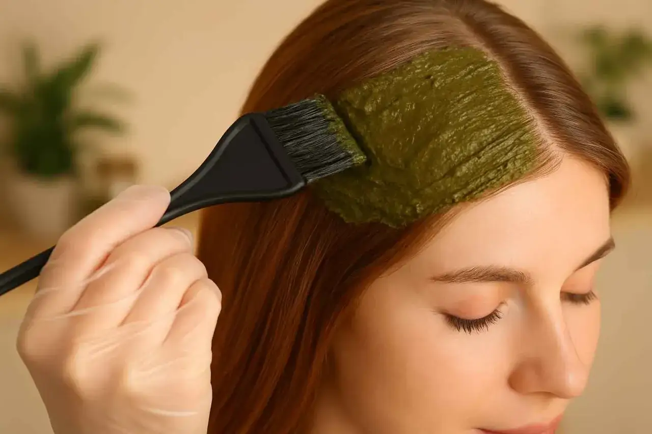 Aplicando pasta de henna verde en el cabello. Descubre qu&eacute; es la henna y sus beneficios naturales para el pelo.