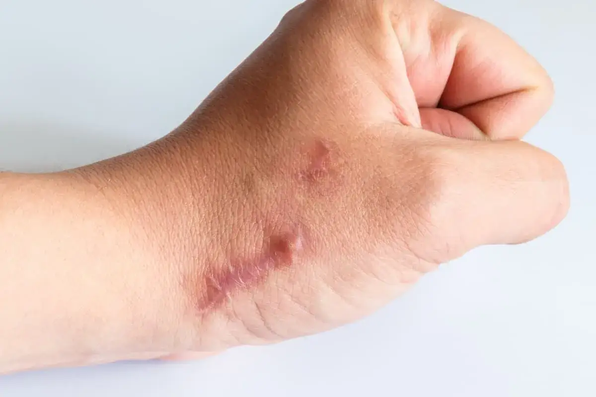 Mano con cheloidi, cicatrici in rilievo che mostrano cos'è un cheloide.
