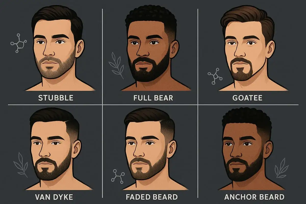 Six styles de nom de barbe : chaume, barbe complète, bouc, Van Dyke, barbe dégradée, barbe ancre.
