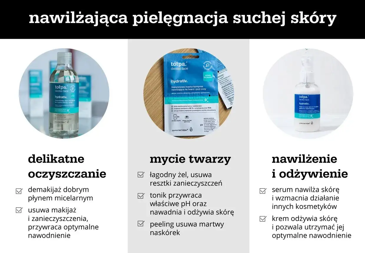 Pielęgnacja nawilżająca dla suchej skóry: płyn micelarny, maska-kompres i serum. Peeling do suchej skóry twarzy usuwa martwy naskórek.