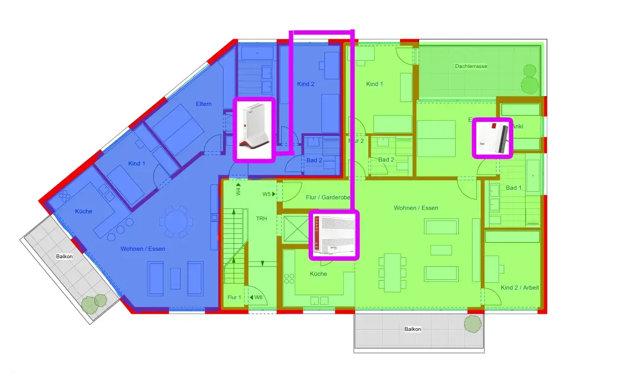 Grundriss einer Wohnung mit farblich markierten Bereichen. Zwei WLAN-Router, die Teil eines Mesh-Netzwerks sein k&ouml;nnten, sind hervorgehoben.