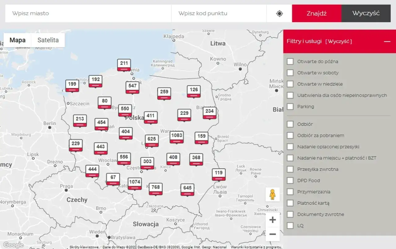Mapa punktów DPD Pickup otwartych w weekend