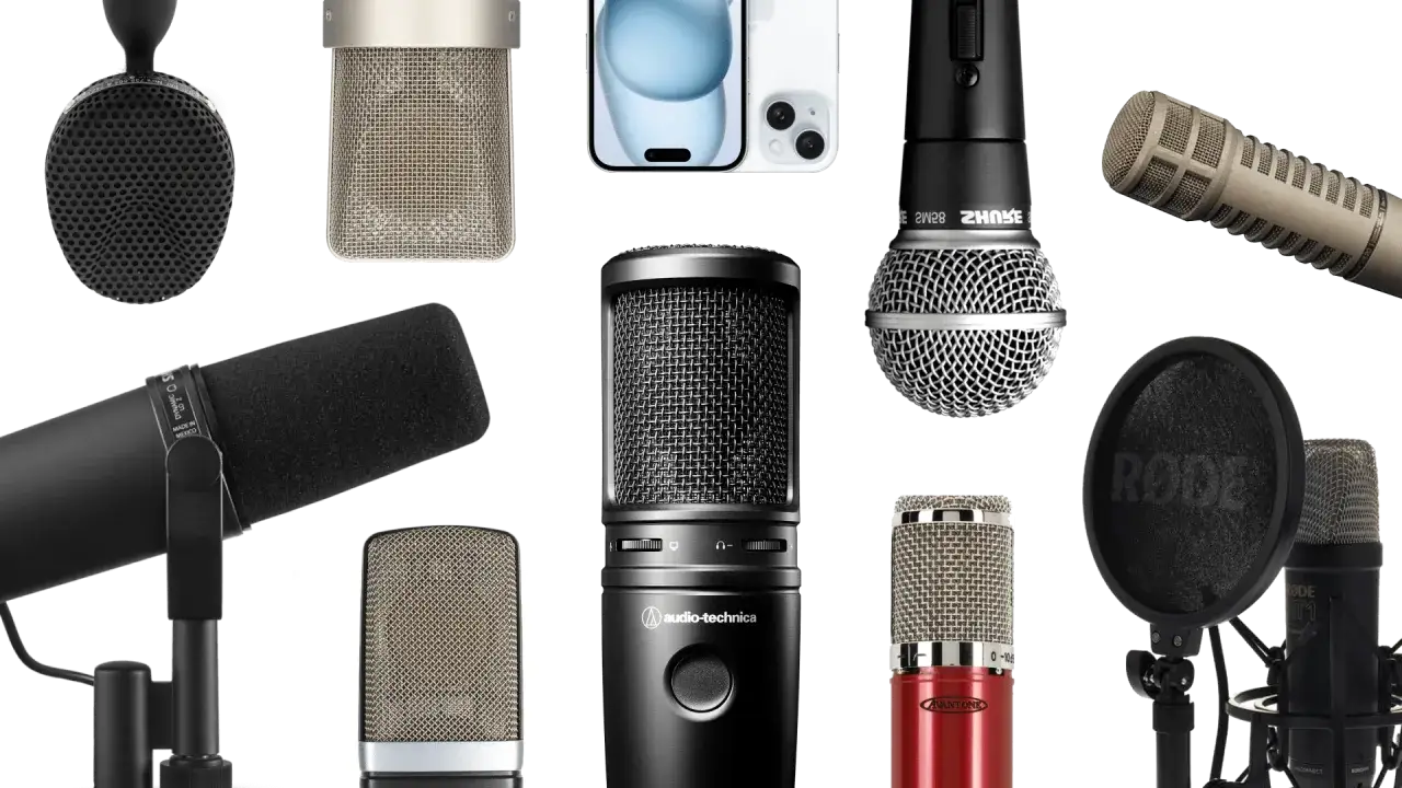 Colección de micrófonos de estudio y para podcast, incluyendo el que podría ser el micrófono más caro del mundo.