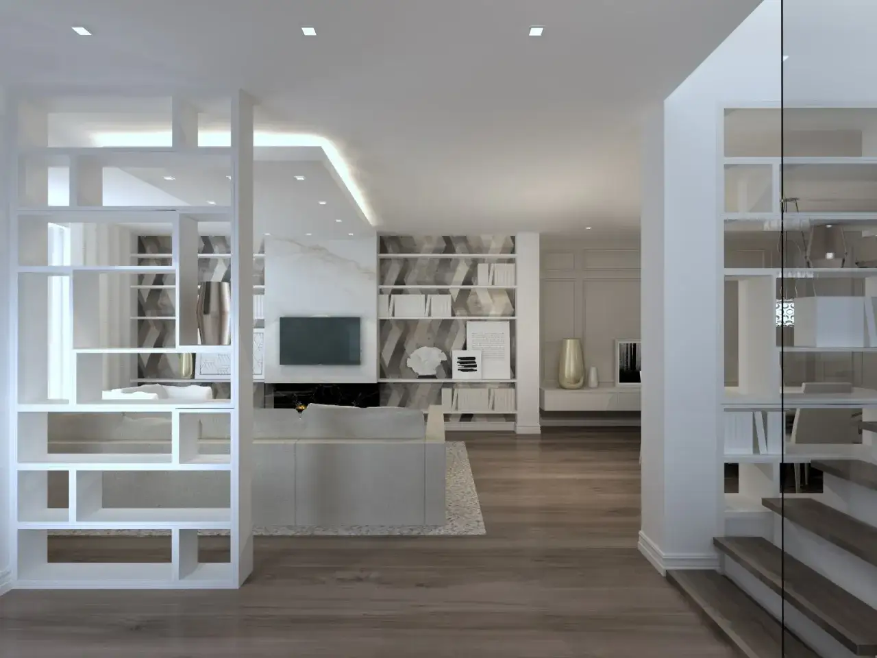 Estanterías modulares y divisorias de espacios que muestran diversos tipos de cerramientos interiores, creando un ambiente moderno y organizado.
