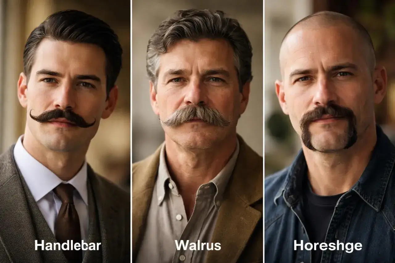 Tres hombres muestran diferentes estilos de bigote: 
