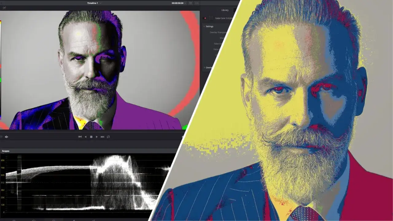Portret mężczyzny z brodą w stylu pop-art, z zastosowaniem efektu **false color**. Widać fragment interfejsu programu do edycji wideo.