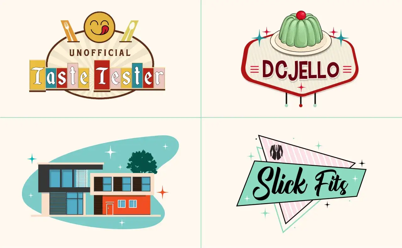 Four retro logos in the style of Saul Bass: