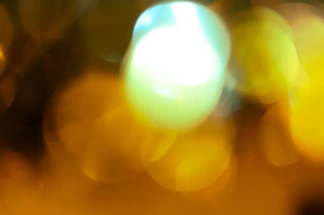 Luci sfocate e dorate creano un magico effetto bokeh, evocando un'atmosfera calda e sognante.