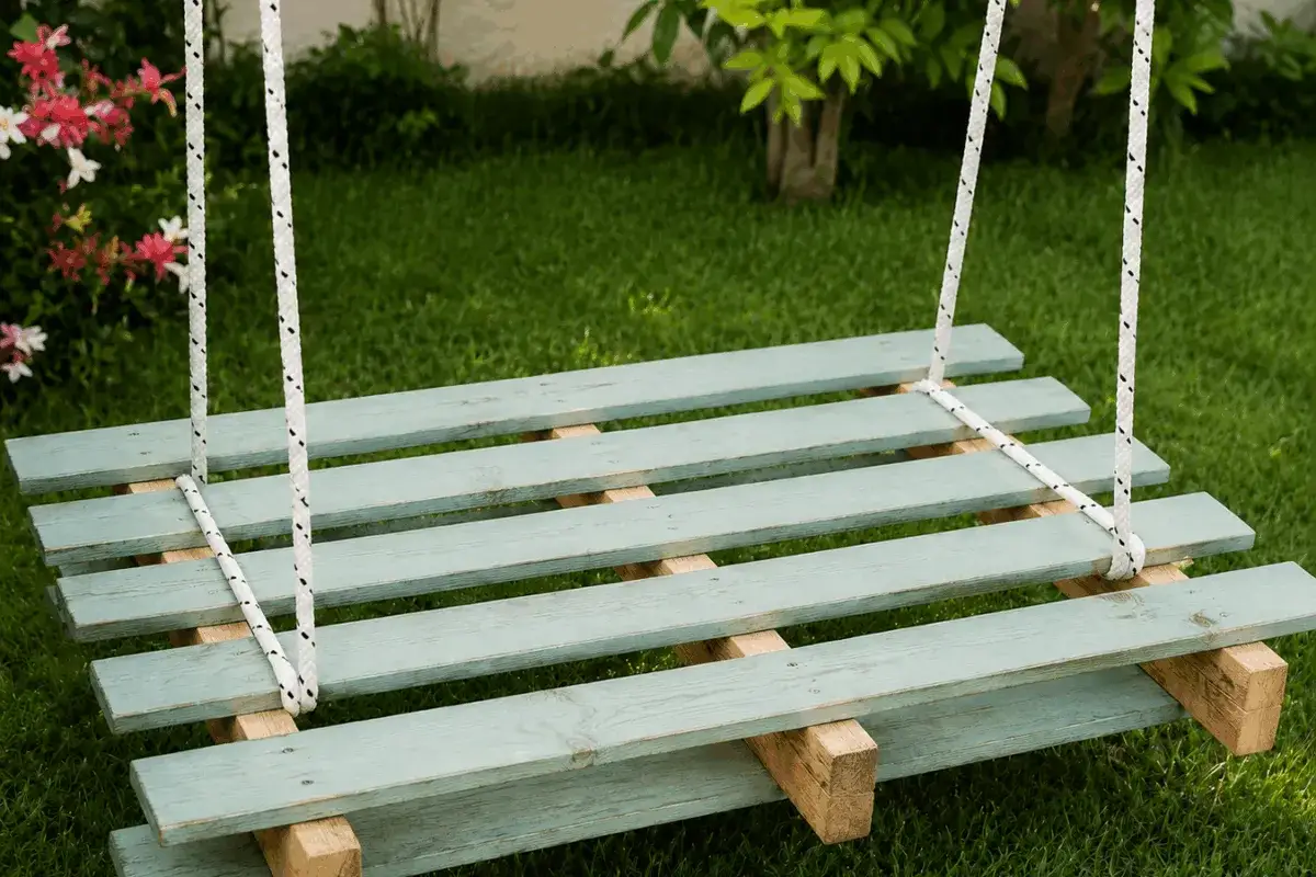 Dondolo in legno fai da te, con assi azzurre e corde bianche, pronto per rilassarsi in giardino.